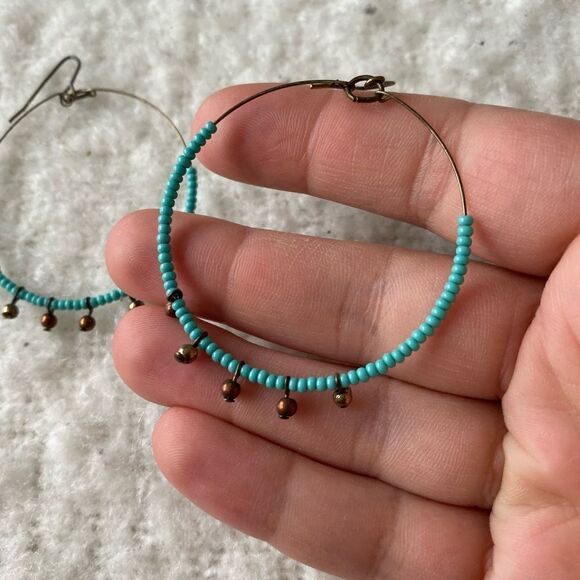 Boho Turquoise and Metal Hoop Earrings - Picture 2 of 4